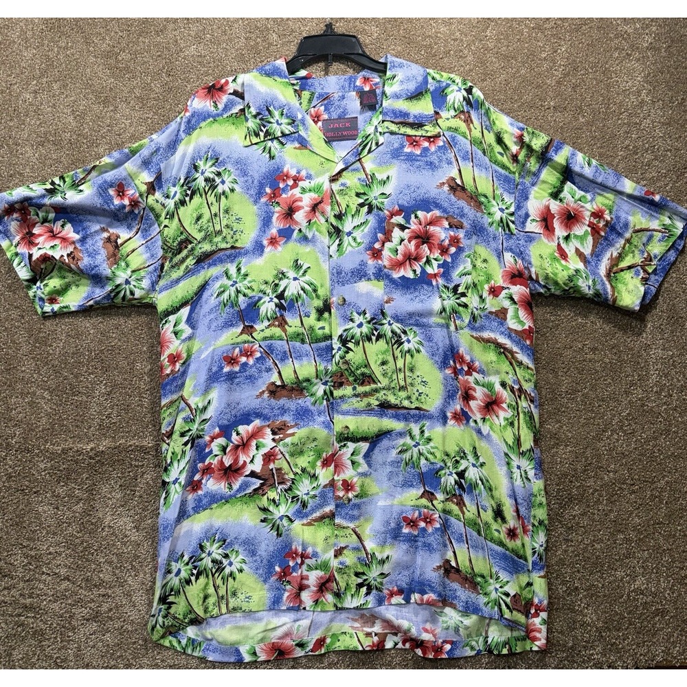 Jack Hollywood Mens Hawaiian Aloha Shirt - Large - Tropical Palms 100%‎ Rayon